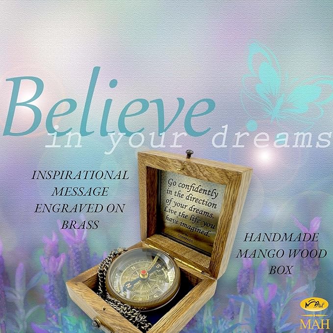 True North Compass – Go Confidently in The Direction of Your Dreams – Embossed Brass Compass – Graduation, Confirmation, Birthday, Motivational Gift for Him, Her, Students, Boys, Girls, High School