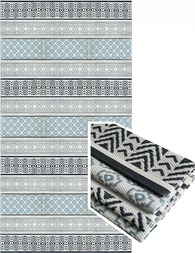 BalajeesUSA Outdoor Rug - 9x18 Grey, Teal, Reversible Recycled Plastic Straw Outdoor Patio Rugs Clearance Waterproof Large RV Camper Mats 7087