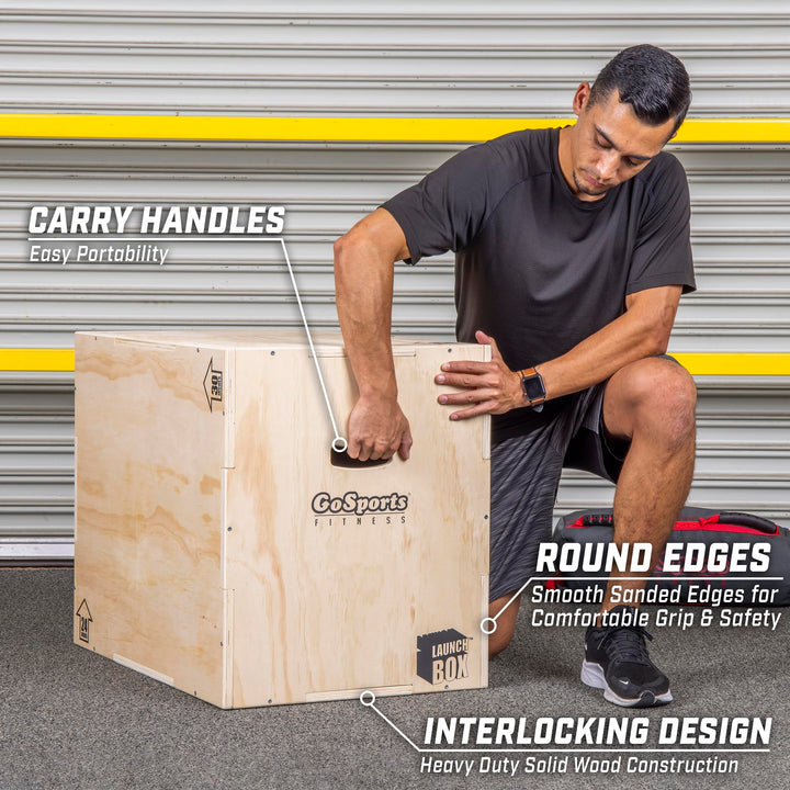 GoSports Fitness Launch Box 3-in-1 Adjustable Height Wood Plyo Jump Box for Exercises of All Skill Levels - XL