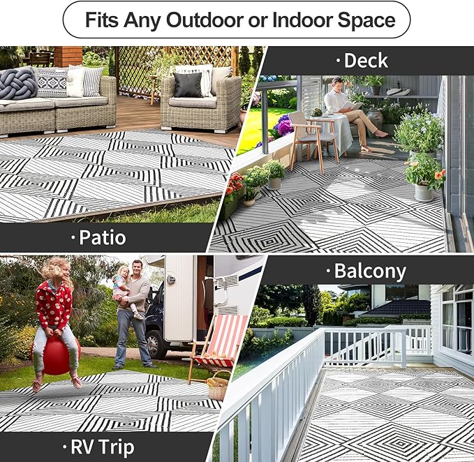 Waterproof Outdoor Rug 5x8ft, Foldable Reversible Plastic Straw Mat for Patio RV Deck Porch Backyard Balcony Camping Picnic Beach Indoor Outdoor Carpet, Black&White