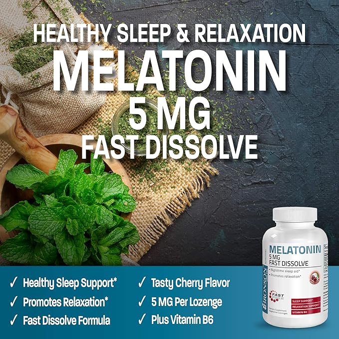 Bronson Melatonin 5mg Fast Dissolve Cherry Flavor Tablets with Vitamin B6 - Nighttime Sleep Aid - Promotes Relaxation, 360 Vegetarian Chewable Lozenges