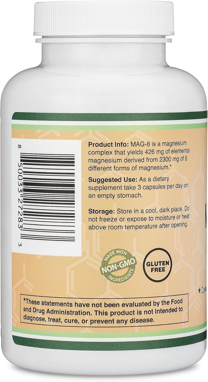 Magnesium Complex Supplement 180 Capsules (436mg Elemental Magnesium Provided by 2,300mg of Eight Different Forms of Magnesium) MAG-8 Provides 100% Daily Recommended Value of Magnesium by Double Wood
