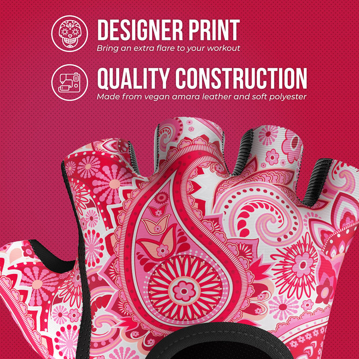 Contraband Pink Label 5387 Womens Design Series Paisley Print Lifting & Rowing Gloves (Pair) - Lightweight Vegan Medium Padded Microfiber Amara Leather w/Griplock Silicone (Pink, X-Small)