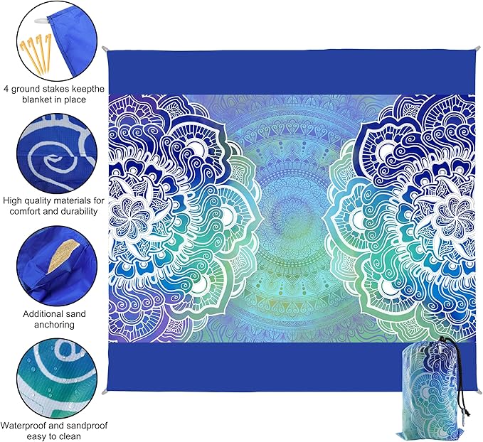 Beach Blanket Waterproof Sandproof, 111x121Inch Sand Free Beach Mat, Quick Drying, Light Weight and Portable Outdoor Picnic Mat for Travel, Camping