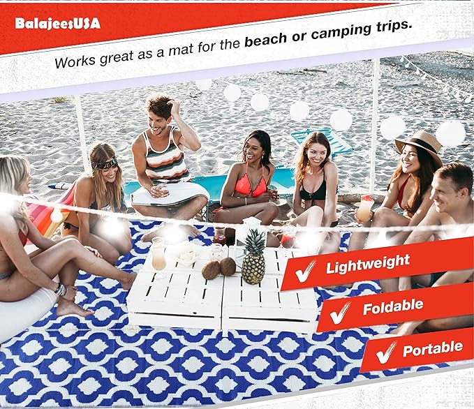 BalajeesUSA Recycled Outdoor Plastic Patio Rugs Clearance Waterproof RV Camper Rug Large Reversible mats 6'x9' Blue & White 20317