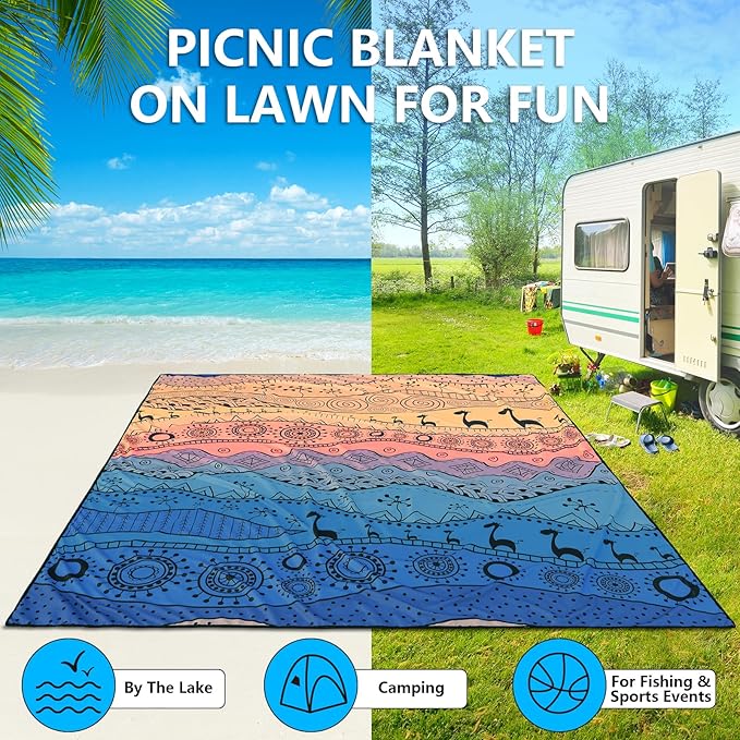 Beach Blanket Waterproof Sandproof Extra Large Beach Mat 79" X 83"/120"x108"for 1-8 Adults Quick Drying Durable Outdoor Picnic Mat for Beach Travel Camping Hiking
