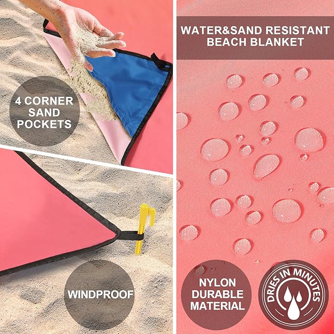 Beach Blanket Waterproof Sandproof Beach Mat 79" X 83" /10'x9'for 2-8 Adults Quick Drying Outdoor Picnic Mat Beach Accessories for Travel, Camping, Hiking