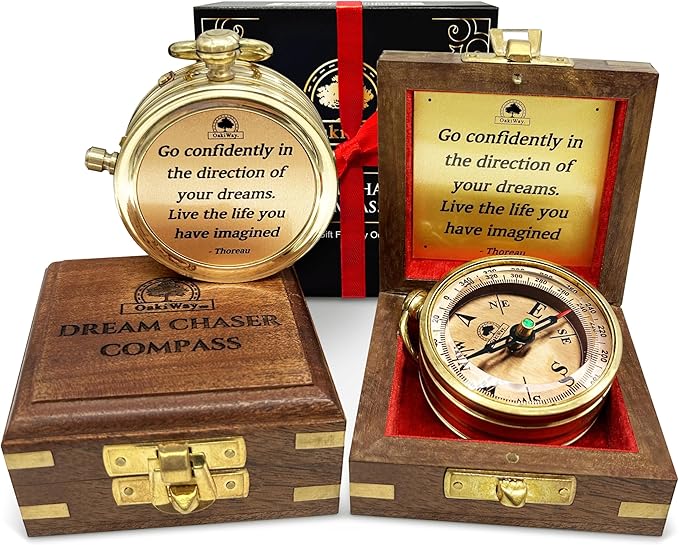 The Dream Chaser Compass in Wooden Box - 2025 Graduation Gifts for Him, College, High School, Birthday Gift Idea for Son, Boys, Daughter - Greeting Card Included, Inspirational, Motivational Present