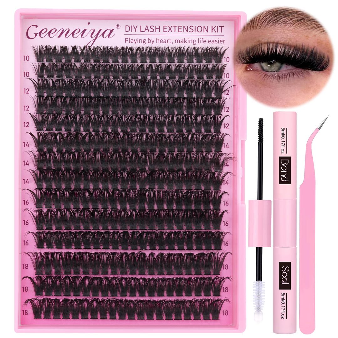 Geeneiya Full Lash Extension Kit 10-18MM Volume Eyelash Extension Kit D Curl Cluster Lashes Individual Eyelashes Kit with Waterproof Lash Bond and Seal, Lash Tweezers (10-18MM, 280Pcs, 70P)