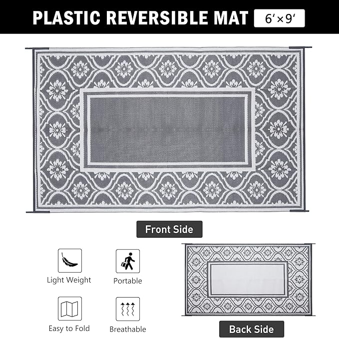 Plastic Outdoor Rug 6'x9' Waterproof Camping Carpet Outside Area Rug Reversible Grey Rugs for RV Deck Entryance Porch Picnic Balcony Beach