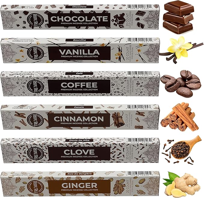 Gourmet Incense Sticks Variety Pack - 120 Insence-Sticks (6 Incents x 20 Insense) - Cinnamon Vanilla Coffee Chocolate - Natural Inscents-Sticks Non Toxic Inciensos + Incense Holder for Fall Christmas