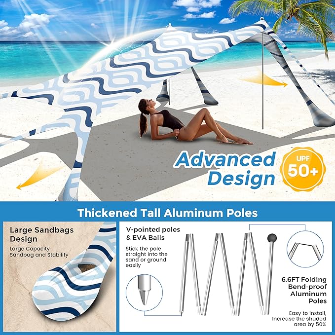 Beach Canopy Beach Tent Pop Up Shade 10x10ft Sun Shelter UPF50+ with 8 Sandbags-2 Sand Shovel-4 Aluminum Poles-Ground Pegs-Portable Carrying Bag for Outdoor Family Camping Fishing Yard Picnic