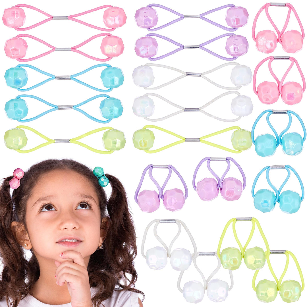 20pc Ponytailers Ponytail Balls Hair Elastics,16mm Diamond-Cut Gem-Shaped Pastel Multicolored Twin Hair Beads Bauble Hair Ties Ponytail Holders, Toddler Kids Hair Ties,Value Pack