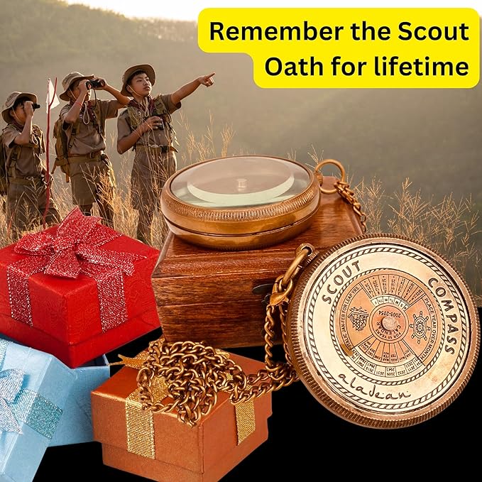 Scout Compass Gift Boys - Engraved Scout Oath Compass in wood Box Scout Always Prepared Camping Orienteering Compass, Hiking Backpacking Compass gift, 50 year calander
