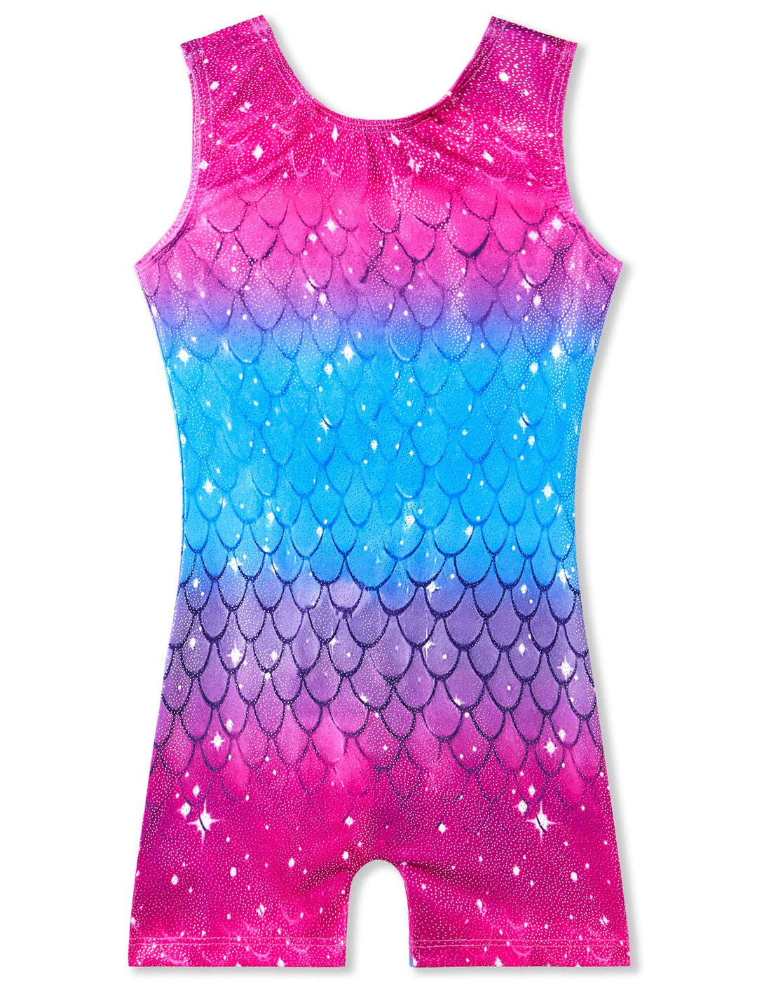 TENVDA Girls Gymnastics Leotards Size 5-6 Years Old Tank Biketard Sparkle Blue Purple Mermaid Scale Printed Workout Unitard