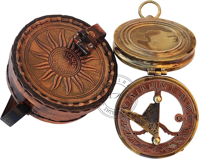 MAI Brass Sundial Compass Beautiful Gift Item with Leather Case - Sun Clock - Steampunk Accessory – Nautical Gift – Wedding Gifts for Him – Sundial Watch
