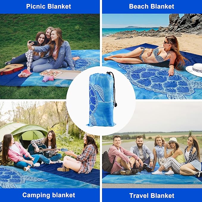 Sea Turtle Beach Blanket Waterproof Sandproof, 79x79Inch Sand Free Beach Mat, Quick Drying, Light Weight and Portable Outdoor Picnic Mat for Travel, Camping
