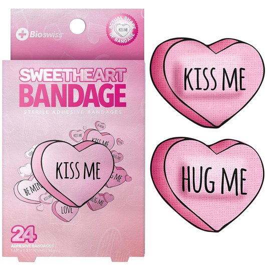 BioSwiss Bandages, Valentine Heart Shaped Self Adhesive Bandage, Latex Free Sterile Wound Care, Fun First Aid Kit Supplies for Kids, 24 Count