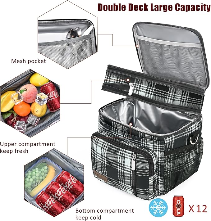 MIYCOO Lunch Bag & Lunch Box for Men Women Double Deck - Leakproof Insulated Soft Large Adult Lunch Cooler Bag for Work (Checkered Black and White,15L)