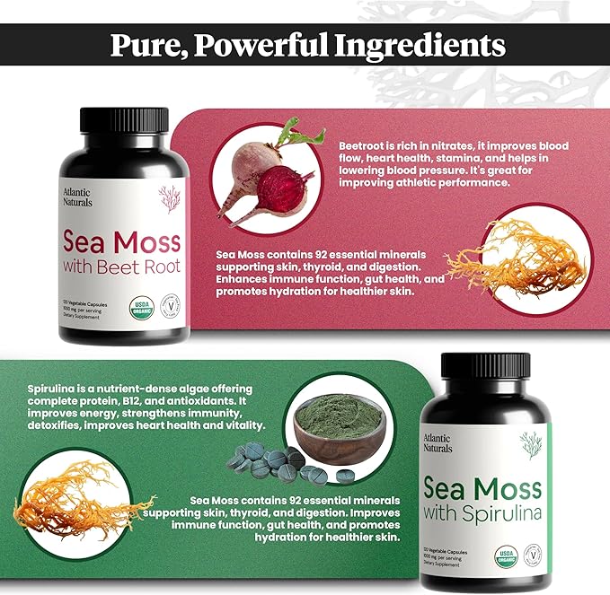 Atlantic Naturals Sea Moss Superfood Bundle - Sea Moss with Beet Root & Spirulina Capsules - Defense Support, Blood Flow, Joint Health & Iron - 240 Capsules (2 x 120 ct)
