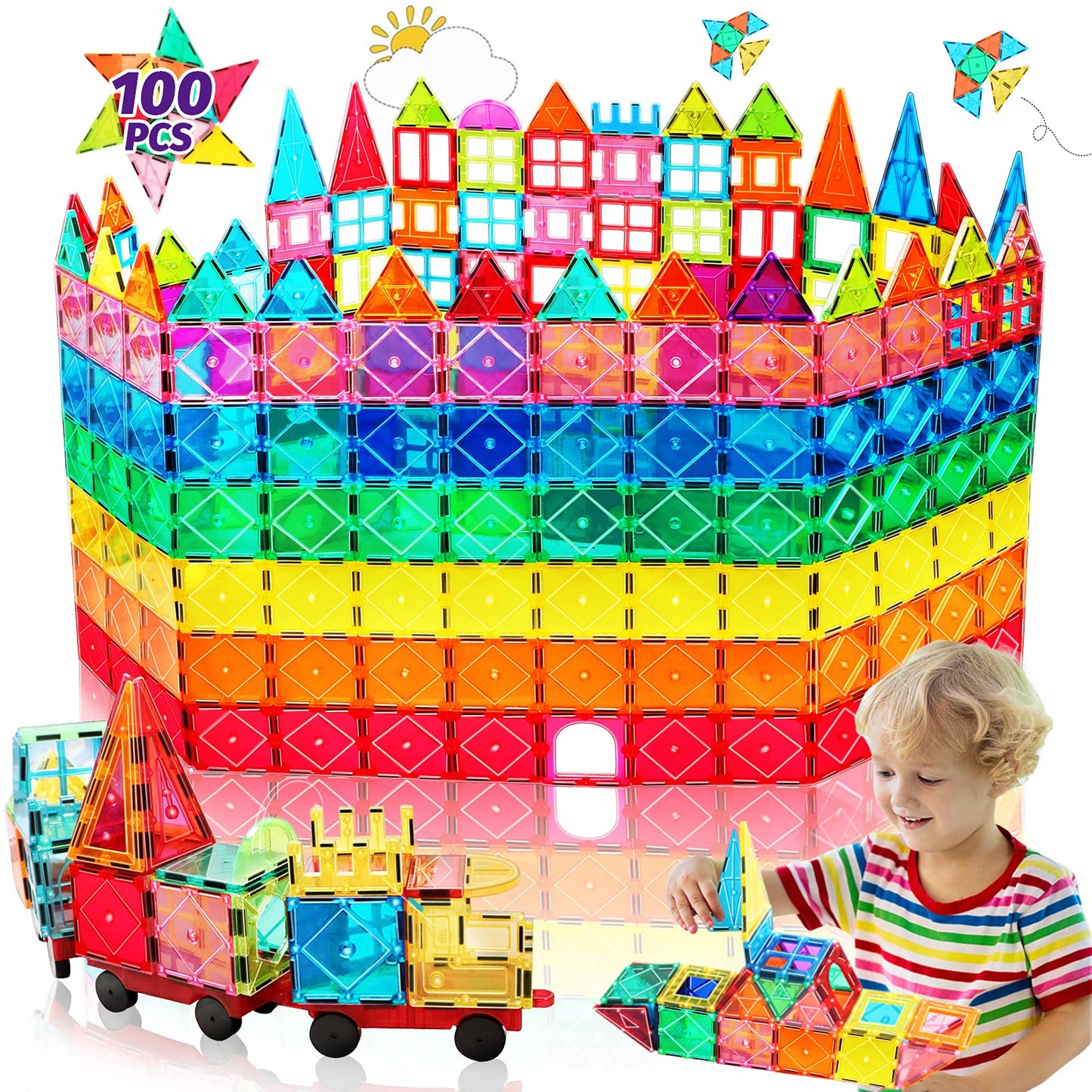 100PCS Magnetic Tiles Building Blocks with 2 Cars Montessori Toys for 3 4 5 6 7 8 Year Old Boys Girls Kids STEM Learning Educational 3D Rainbow Castle Construction Magnet Toys Christmas Birthday Gifts