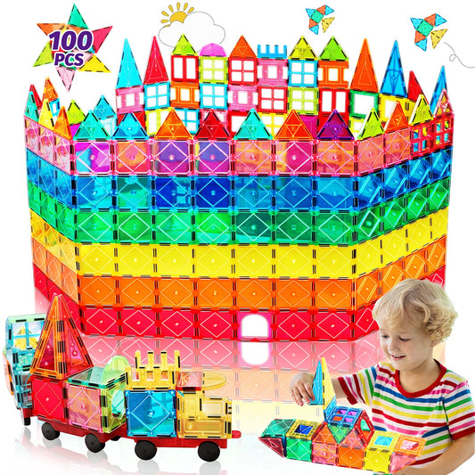 100PCS Magnetic Tiles Building Blocks with 2 Cars Montessori Toys for 3 4 5 6 7 8 Year Old Boys Girls Kids STEM Learning Educational 3D Rainbow Castle Construction Magnet Toys Christmas Birthday Gifts