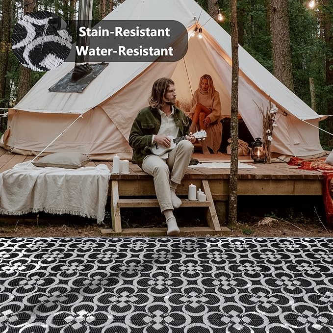 RV Outdoor Rug Waterproof Mat Outdoor Rugs 9'x12' for Patios Clearance Carpet Outdoor Camping Rugs Large Plastic Straw Rug(9x12ft Clover Black&White)