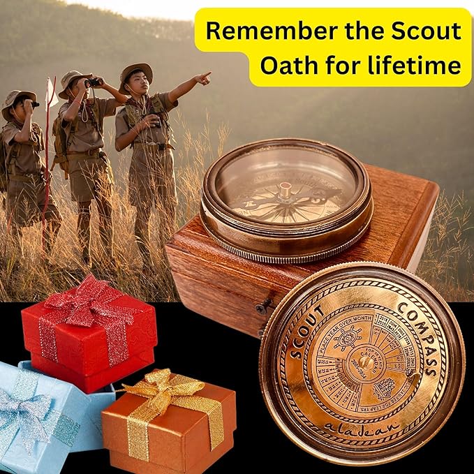 Scout Compass Gift Boys - Engraved Scout Oath Compass in wood Box Scout Always Prepared Camping Orienteering Compass, Hiking Backpacking Compass gift, 50 year calander