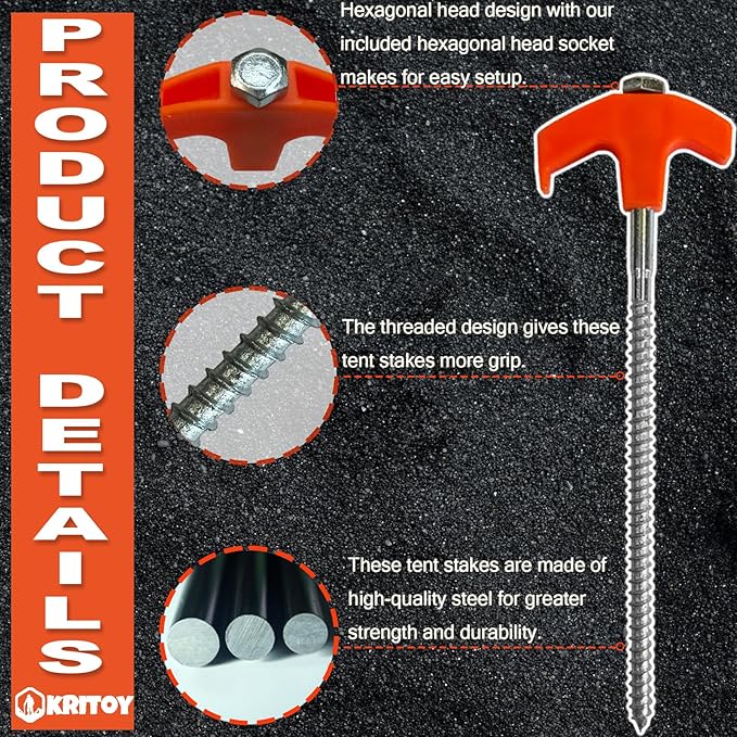 30 Pack Tent Stakes Heavy Duty - 8" Screw in Tent Stakes - Ground Anchors Screw in - Tent Pegs Camping Stakes - Metal Threaded Tent Spikes with 1 Hex Head Driver, 1Stopper T Pull Hook and Storage Bag