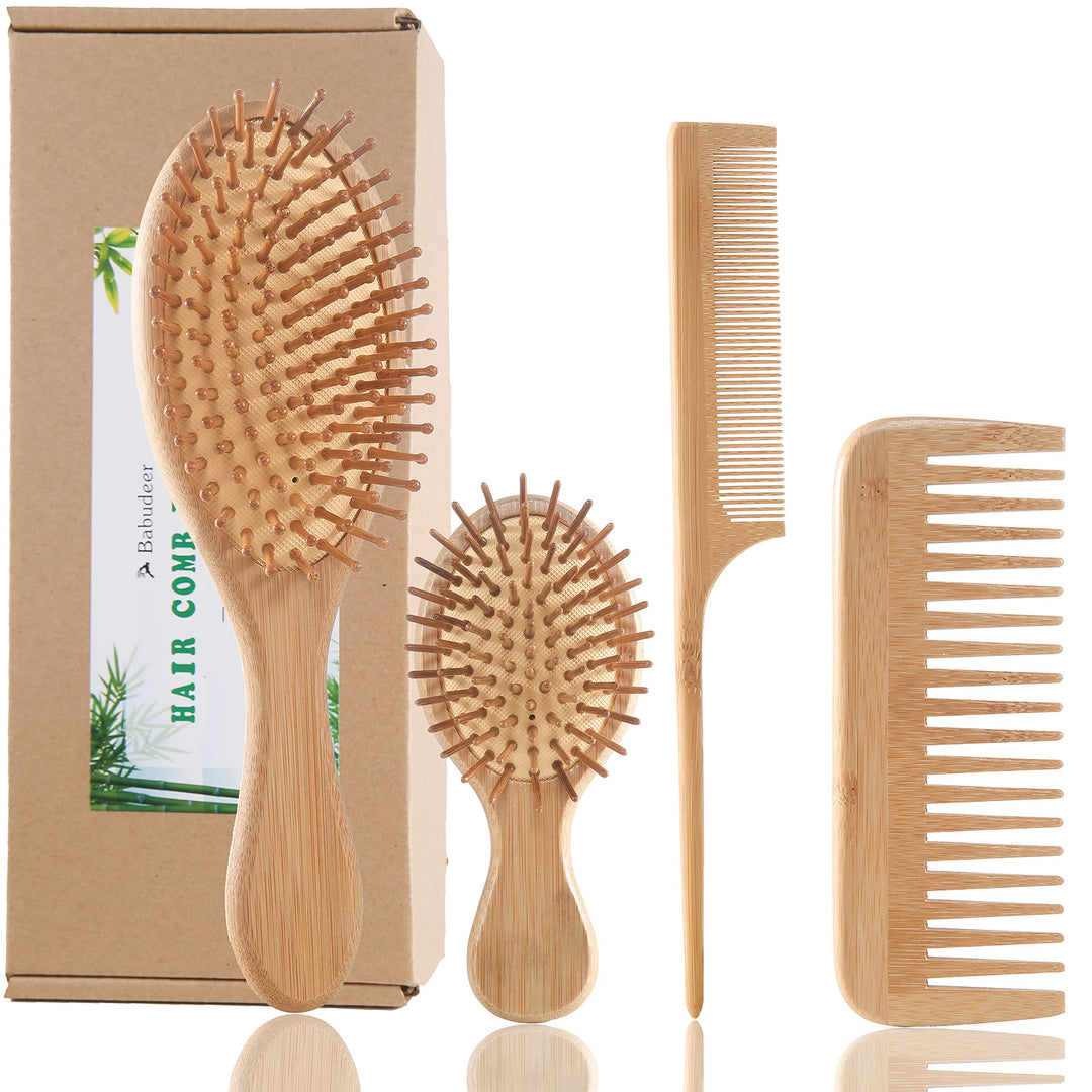 Bamboo Hair Brush Comb Set, Eco-Friendly Anti-Static Detangling Comb Hairbrush for Women and Men - Tail Comb, Tooth Comb, Big an