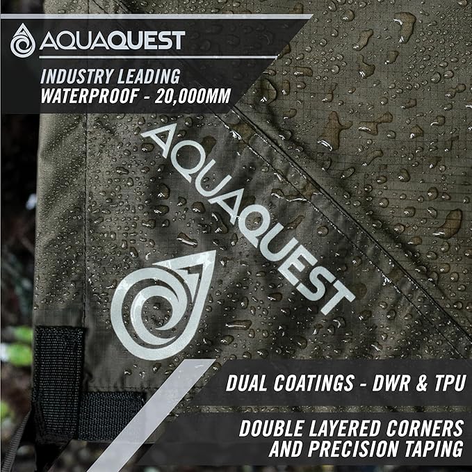 AquaQuest Defender Camping Tarp - Heavy Duty Tent Shelter or Rain Fly - Waterproof Camping Essentials for Hiking, Bushcraft & Hammock, 13 x 10 ft, Olive Drab Kit