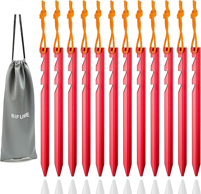 Aluminum Tent Stakes Pegs, 12-Pack Aluminum Ground Pegs with Reflective Pull Ropes, Heavy Duty Tri-Beam Metal Stakes Pegs for Backpacking Camping Tents Hammocks and Canopy