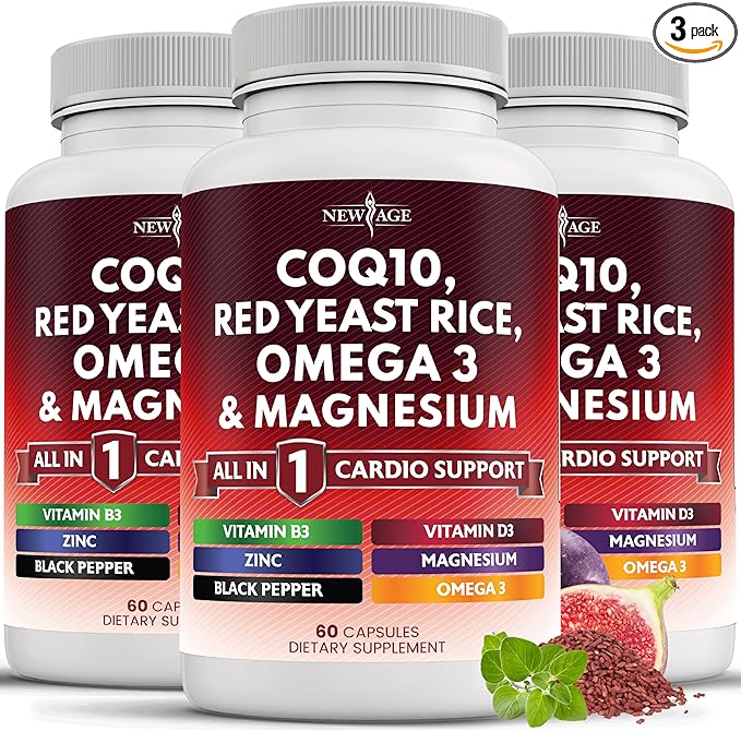 NEW AGE COQ10 200mg Red Yeast Rice Omega 3-6-9 Magnesium Complex Zinc Vitamin K2 D3 - Support Vitamins for Women and Men with Vitamin B3, Coenzyme Q10-180 Count