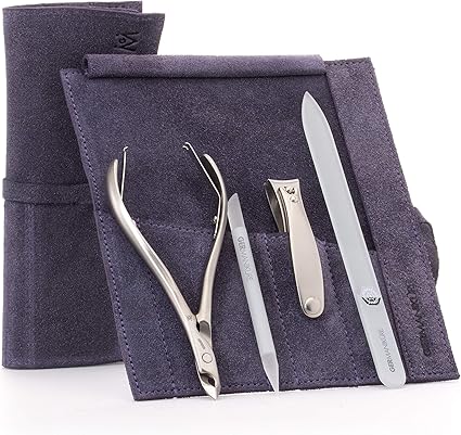GERMANIKURE 4pc Manicure Set in Purple Suede Case - FINOX Stainless Steel Tools Made Germany, Glass Nail Care Supplies Czech Republic - Professional Cuticle and Kit
