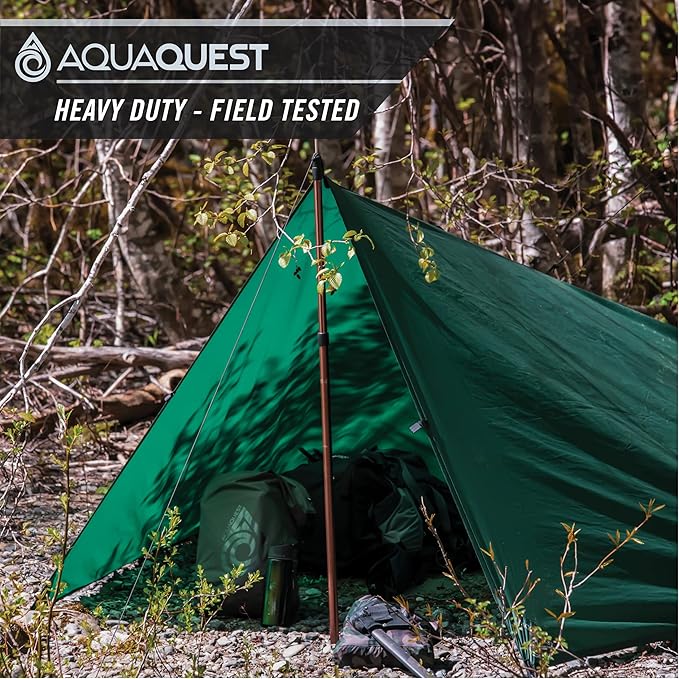 AquaQuest Defender Camping Tarp - Heavy Duty Tent Shelter or Rain Fly - Waterproof Camping Essentials for Hiking, Bushcraft & Hammock, 10 x 10 ft, Forester Green