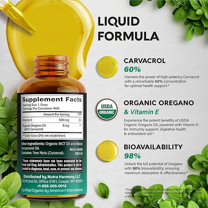 USDA Organic Oil of Oregano - Liquid Drops with Vitamin E - Made in USA - Supplement for Immune Support, Digestion Health & Antioxidant - Non-GMO, Natural, Vegan - Pack of 2