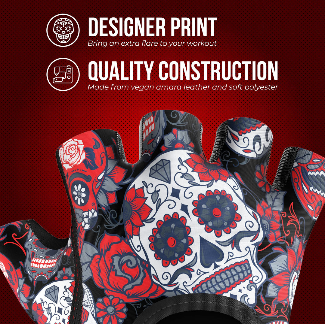 Contraband Pink Label 5237 Womens Designer Workout Gloves | Sugar Skull Print w/Grip-Lock™ Padding (Red, X-Small)