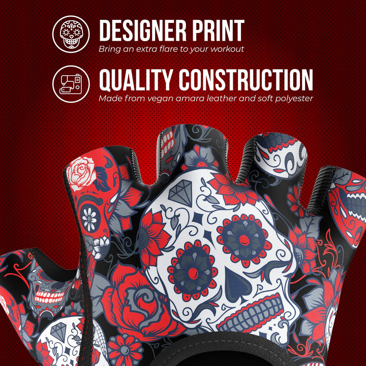 Contraband Pink Label 5237 Womens Designer Workout Gloves | Sugar Skull Print w/Grip-Lock™ Padding (Red, X-Small)