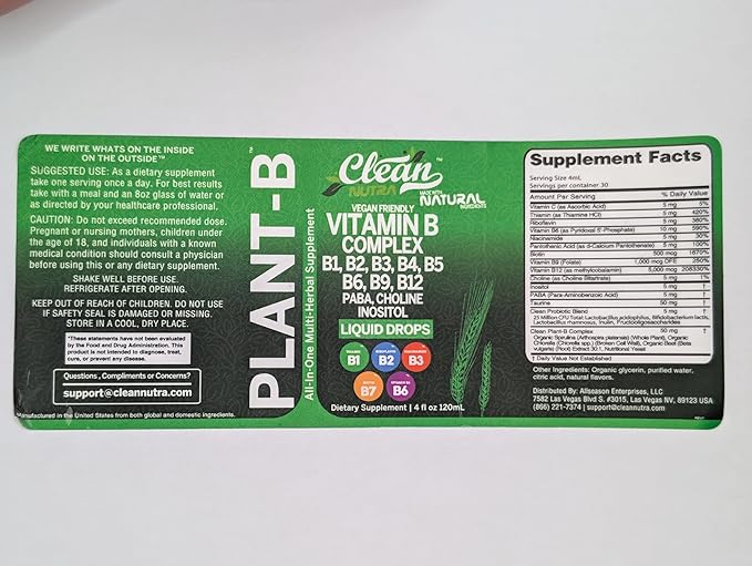 Vitamin B Complex Liquid Drops | Thiamine B1, B6, B2, B3, B4, B5, B7 B9, B12, Niacinamide, Paba, Choline Inositol Taurine Probiotics Beet Root Spirulina - Plant-B Vitamin Supplements - Clean Nutra (2)