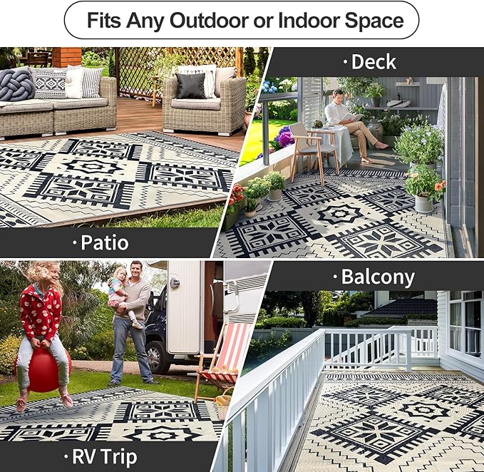 Waterproof Outdoor Rug 6x9ft, Boho Reversible Plastic Straw Mat for Patio RV Deck Porch Backyard Balcony Camping Picnic Beach Indoor Outdoor Carpet, Black&Beige