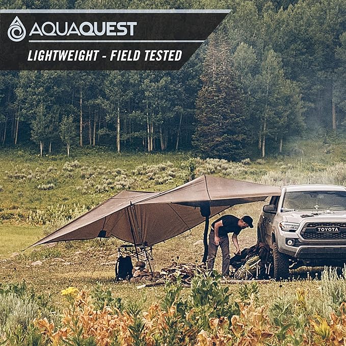AquaQuest Safari Camping Tarp - Lightweight Durable Rain Fly - Waterproof Camping Essentials for Hiking, Backpacking & Hammock, 10 x 10 ft, Olive Drab Kit