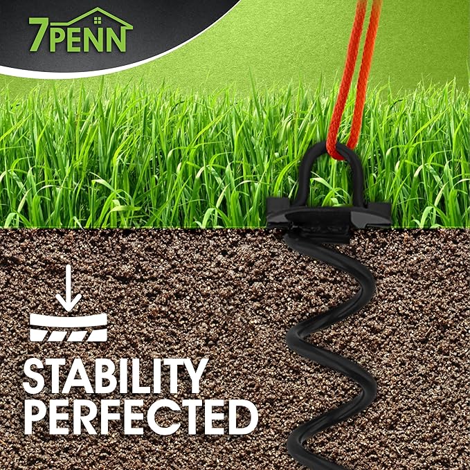 7Penn Ground Anchors Screw in 4 Pack - 16 Inch Black Spiral Dog Leash Ground Anchor Tie Down - Heavy Duty RV Canopy Stakes for High Wind Camping Tents with 475 lbs Pull Force