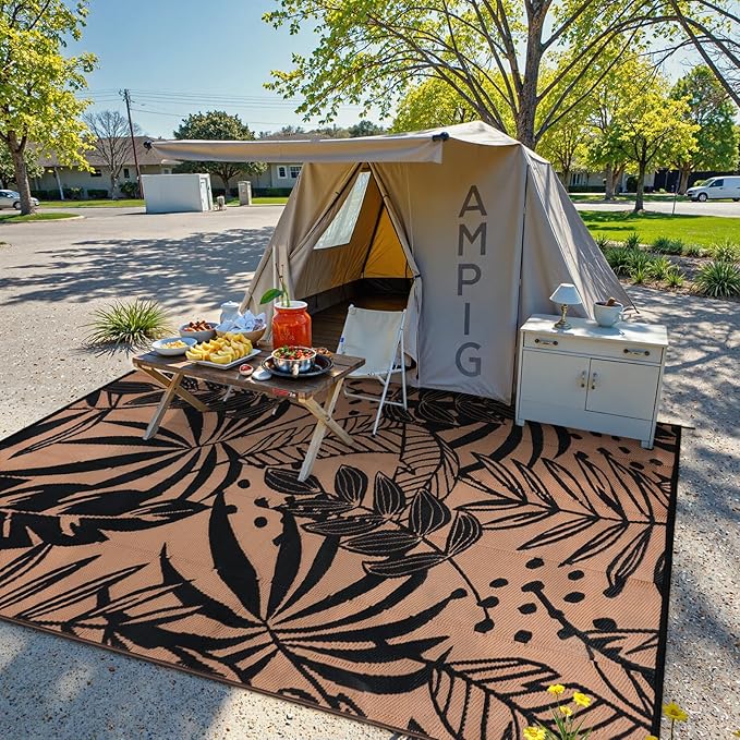 Anidaroel Leaf Outdoor Rugs 6x9ft for Patios Clearance Waterproof, Reversible Tropical Plastic Straw Camping Mat Outside Rug, Large Outdoor Area Rug for RV, Deck, Balcony, Picnic(Black/Brown,6'x9')