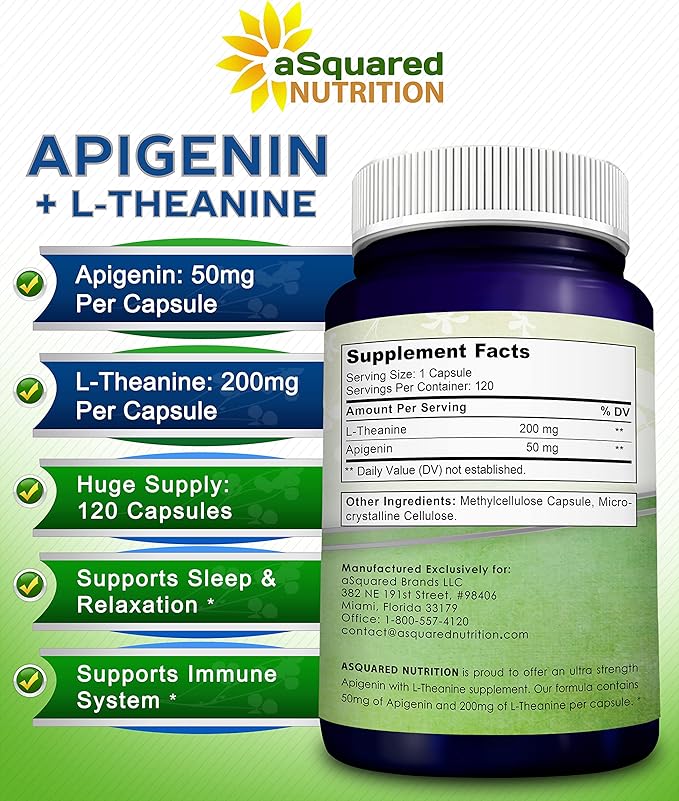 aSquared Nutrition Apigenin 50mg & L-Theanine 200mg - 120 Capsules - Apigenin Supplement Pills for Sleep and Relaxation - Natural Bioflavonoid Extract Found in Chamomile Tea