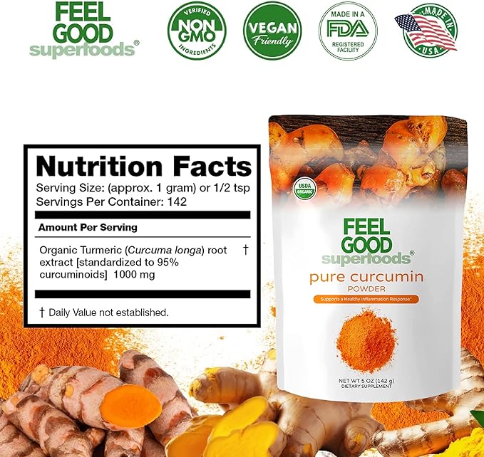 Feelgood Organic Superfoods Pure Curcumin Powder, Organic, Non-GMO, Vegan from Bulk Ground Turmeric Root from India, Curcuma Longa Joint Supplement, 5 oz