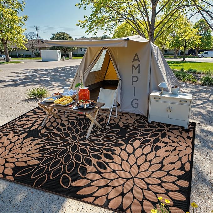 Anidaroel Outdoor Rugs 6x9ft for Patios Clearance Waterproof, Reversible Tropical Plastic Straw Camping Mat Outside Rug, Large Outdoor Area Rug for RV,Deck, Balcony, Picnic(Black/Brown,6'x9')