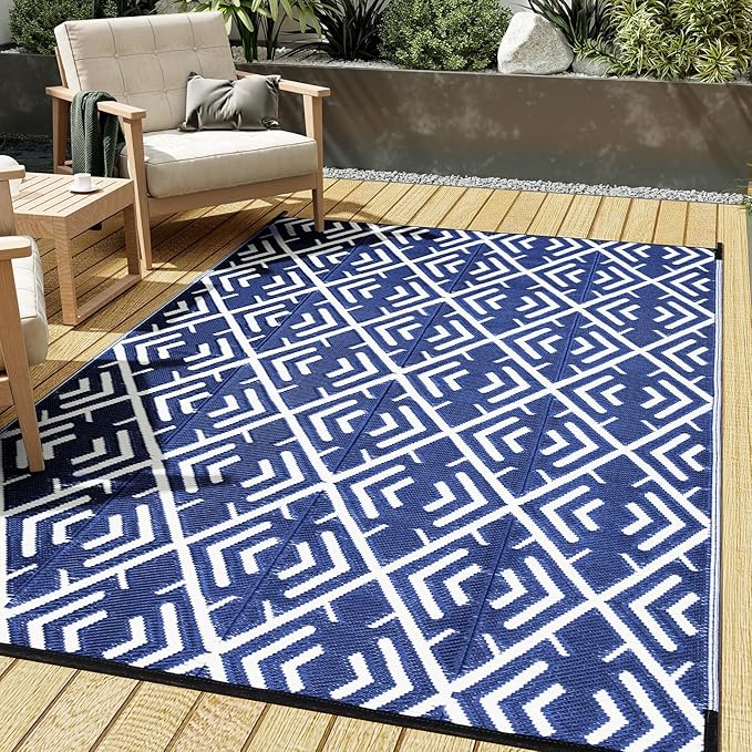 Outdoor Plastic Straw Rug, Waterproof Outdoor Rugs for Patios Clearance, Reversible Area Rug, Large Outside Carpet for Camping, Balcony, RV, Deck, Picnic, Beach (5x8ft Boho/Blue&White)