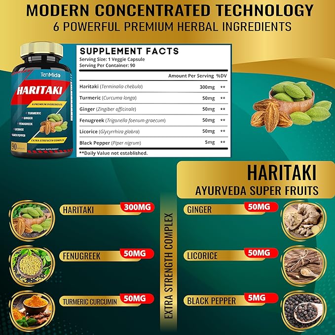 Haritaki Supplements Extract Capsules with Turmeric, Ginger, Fenugreek, Licorice, Black Pepper | Nourishes, Rejuvenates Body, 3 Months Supply