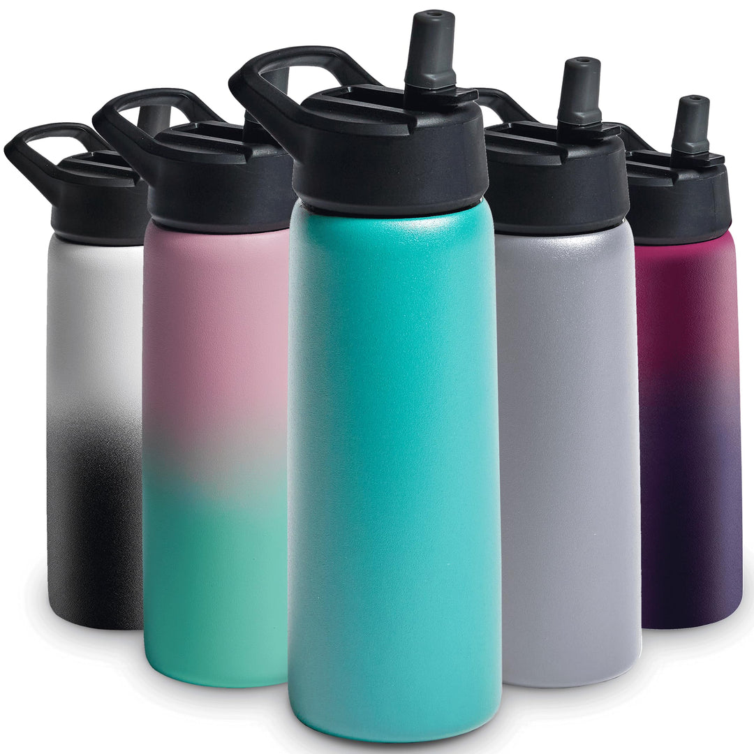 FineDine Triple Walled, Insulated Water Bottles with Straw - 25 Oz Stainless Steel Metal Bottle W/ 3 Leak Proof Lids - For Travel, School, Sports, Gym / Men, Women & Kids - Cheery Turquoise
