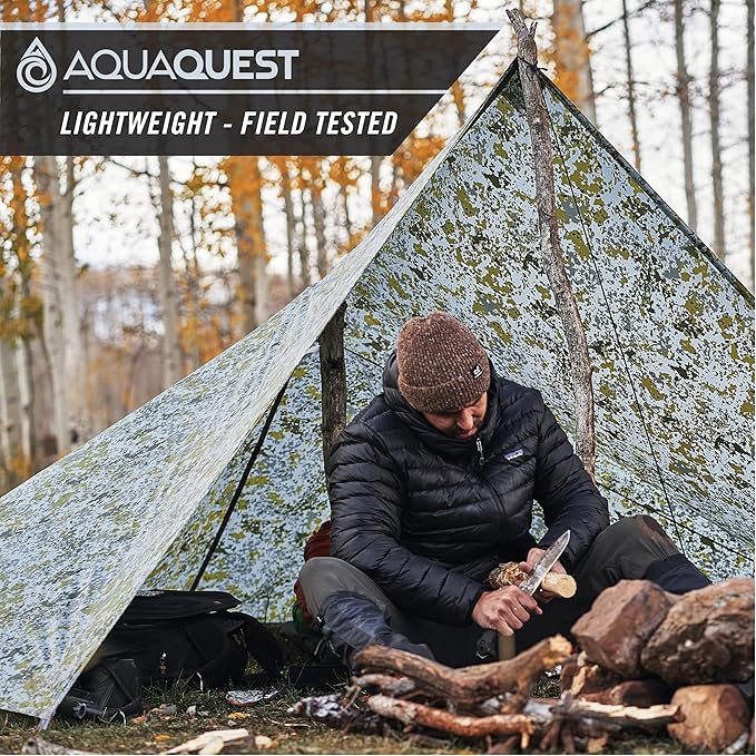 AquaQuest Safari Camping Tarp - Lightweight Durable Rain Fly - Waterproof Camping Essentials for Hiking, Backpacking & Hammock, 10 x 10 ft, Boulder Camo
